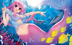 Rule 34 | 1girl, air bubble, bangle, bracelet, breasts, bubble, coral, dolphin, fins, fish, fish tail, fumio (ura fmo), game cg, hairband, happy, hatsuru koto naki mirai yori, jewelry, large breasts, long hair, looking at viewer, meltyna, mermaid, monster girl, navel, open mouth, pink eyes, pink hair, pointing, solo, tail, underwater