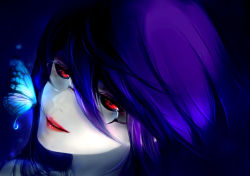 Rule 34 | 10s, 1girl, black sclera, bug, butterfly, colored sclera, eyelashes, glasses, glowing, glowing butterfly, hair between eyes, hair in own mouth, highres, insect, kamishiro rize, long hair, looking at viewer, parted lips, portrait, purple hair, red eyes, red lips, smile, solo, tokyo ghoul, xiao ren