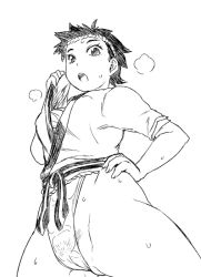Rule 34 | 1girl, alternate costume, female pubic hair, fundoshi, greyscale, hand on own hip, heavy breathing, japanese clothes, makoto (street fighter), monochrome, partially visible vulva, pubic hair, sarashi, see-through, short hair, simple background, solo, street fighter, sweat, tsukudani (coke-buta), wet, wet clothes