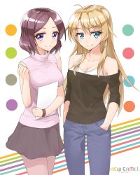 Rule 34 | 10s, 2girls, ahoge, bare shoulders, blonde hair, blue eyes, blush, breasts, camisole, cleavage, copyright name, hands in pockets, highres, long hair, looking at viewer, multiple girls, new game!, off-shoulder shirt, off shoulder, purple eyes, purple hair, shirt, short hair, shunichi, skirt, sleeveless, sleeveless turtleneck, smile, tooyama rin, turtleneck, yagami kou