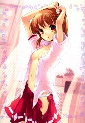 Rule 34 | 1girl, absurdres, arms up, breasts, brown hair, clothes pull, curtains, flower, flyable heart, hair flower, hair ornament, hand on own head, highres, inaba yui, ito noizi, navel, open clothes, open mouth, open shirt, open skirt, panties, red eyes, school uniform, shirt, short hair, skirt, skirt pull, solo, unbuttoned, underwear, white panties