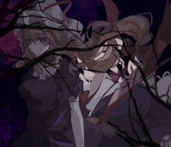 Rule 34 | 1girl, black background, blonde hair, branch, dark background, dress, frilled shirt collar, frills, hair flowing over, hat, highres, long hair, looking at viewer, looking to the side, mob cap, purple background, purple dress, purple eyes, shindiyue, short sleeves, solo, touhou, tree, white hat, yakumo yukari