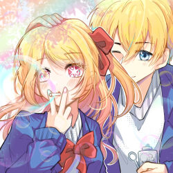 Rule 34 | 1boy, 1girl, adapted costume, blazer, blonde hair, blue eyes, blue jacket, blue nails, blush, bow, bowtie, brother and sister, blowing bubbles, commentary request, hair between eyes, hair bow, hand on another&#039;s head, holding, hoshino aquamarine, hoshino ruby, jacket, long hair, long sleeves, looking at viewer, mismatched pupils, multicolored nails, nail polish, one eye closed, one side up, open clothes, open jacket, oshi no ko, pink nails, posycola, red bow, red bowtie, screentones, short hair, siblings, sidelocks, smile, star-shaped pupils, star (symbol), sweater, symbol-shaped pupils, twins, upper body, white sweater