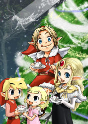 Rule 34 | 2boys, 2girls, alternate costume, aryll, belt, blonde hair, blue eyes, boots, cake, cape, child, christmas, christmas tree, costume, dress, earrings, food, gloves, hair ornament, hat, jewelry, link, long hair, lowres, masoho s, ms 810, multiple boys, multiple girls, multiple persona, nintendo, open mouth, pointy ears, princess zelda, short hair, siblings, smile, super smash bros., the legend of zelda, the legend of zelda: ocarina of time, the legend of zelda: the wind waker, tiara, toon link, toon zelda, twintails, wings, young link, young zelda