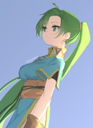 Rule 34 | 1girl, blue background, blue dress, brown gloves, commentary, dated commentary, dress, earrings, fire emblem, fire emblem: the blazing blade, gloves, green eyes, green hair, jewelry, long hair, lyn (fire emblem), nintendo, ponytail, short sleeves, skeptycally, solo, very long hair