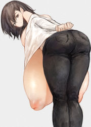 Rule 34 | 1girl, absurdres, ass, bent over, black hair, breasts, brown eyes, closed mouth, denim, from behind, gigantic breasts, grey background, hair between eyes, highres, inverted nipples, jeans, looking at viewer, looking back, momokumo, nipples, off-shoulder shirt, off shoulder, original, pants, shirt, simple background, solo, standing, white shirt
