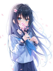 1girl black_hair black_skirt blue_eyes cherry_blossoms flower hair_flower hair_ornament highres lkeris long_hair long_sleeves looking_at_viewer neckerchief original petals pink_flower pleated_skirt sailor_collar school_uniform serafuku shirt sidelocks simple_background skirt solo upper_body white_background white_shirt