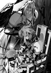 Rule 34 | 1boy, armor, belt, brain, chair, chest strap, final fantasy, final fantasy vii, final fantasy vii ever crisis, final fantasy vii remake, greyscale, highres, holding another&#039;s head, jenova, long bangs, looking at another, monochrome, parted bangs, sephiroth, shoulder armor, single wing, sitting, standing, strap, wings, yan river