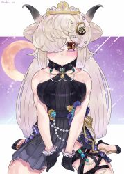 Rule 34 | 1girl, bare shoulders, black dress, black footwear, black gloves, blush, brown eyes, commentary, crescent, crescent hair ornament, dress, frilled gloves, frills, gloves, hair ornament, hair over one eye, high heels, highres, jewelry, kedama (ughugjydthjdf), kemono friends, kemono friends 3, long hair, necklace, official alternate costume, ox ears, ox girl, ox horns, pleated dress, sitting, sleeveless, solo, tiara, twintails, wariza, white hair, yak (kemono friends)