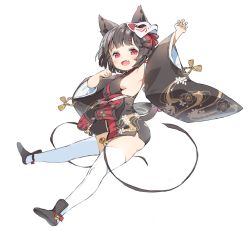 Rule 34 | 1girl, :o, aged down, animal ears, armpits, arms up, azur lane, bell, black hair, black kimono, breasts, cat ears, fang, floating, fox mask, full body, hair ribbon, highres, japanese clothes, jingle bell, kimono, long sleeves, looking at viewer, mask, mask on head, medium breasts, open mouth, paw pose, red eyes, ribbon, sanze (gokiburi kirai), shoes, short hair, simple background, solo, straight hair, thighhighs, thighs, white background, white thighhighs, wide sleeves, yamashiro (azur lane)