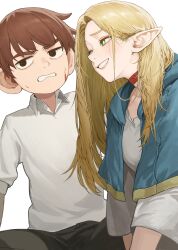 Rule 34 | 1boy, 1girl, absurdres, annoyed, black pants, blonde hair, blood, blood on face, blue capelet, breasts, bright pupils, brown eyes, brown hair, capelet, chilchuck tims, choker, clenched teeth, collared shirt, commentary request, dress, dungeon meshi, elf, green eyes, grin, hair behind ear, hair down, half-closed eyes, highres, light blush, long hair, long pointy ears, looking to the side, marcille donato, marse (rokudaime), medium breasts, pants, pointy ears, red choker, shirt, short hair, simple background, sitting, smile, sweatdrop, teeth, wavy mouth, white background, white dress, white pupils, white shirt, wide sleeves