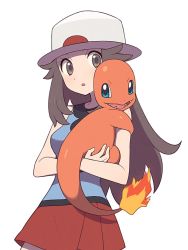 Rule 34 | 1girl, agata (agatha), blue eyes, blue shirt, breasts, brown eyes, brown hair, charmander, creature, creatures (company), fangs, fiery tail, fire, flame-tipped tail, game freak, gen 1 pokemon, hat, holding, holding pokemon, leaf (pokemon), long hair, medium breasts, miniskirt, nintendo, pokemon, pokemon (creature), pokemon frlg, red skirt, shirt, simple background, skirt, sleeveless, sleeveless shirt, tail, white background, white hat