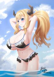 Rule 34 | 1girl, armpits, arms behind head, arms up, bare arms, bikini, black bikini, blonde hair, blue bikini, blue eyes, blue sky, blush, breasts, cleavage, closed mouth, cloud, cloudy sky, cowboy shot, day, drill hair, drill sidelocks, frilled bikini, frills, from side, granblue fantasy, hair between eyes, high ponytail, highres, horns, huge breasts, long hair, looking ahead, navel, outdoors, pointy ears, ponytail, razia, sidelocks, signature, sky, smile, solo, standing, string bikini, swimsuit, twitter username, wading, water, wet, woof (woofie)