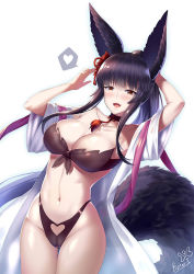 Rule 34 | 1girl, :d, animal ears, artist name, bikini, black bikini, black choker, black hair, blunt bangs, breasts, butter-t, cameltoe, choker, cleavage, clothing cutout, collarbone, commentary, cowboy shot, english commentary, erune, fang, granblue fantasy, hair ornament, hands up, heart, heart cutout, highleg, large breasts, long hair, looking at viewer, navel, open clothes, open mouth, ponytail, red eyes, see-through, sidelocks, simple background, smile, solo, spoken heart, swimsuit, tail, thigh gap, white background, yuel (granblue fantasy)