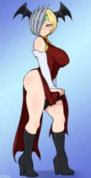 Rule 34 | 1girl, afrobull, ass, bad id, bad pixiv id, bare shoulders, black legwear, blue background, blush, boku no hero academia, boots, breasts, curvy, detached sleeves, dragon girl, dress, ear piercing, earrings, from side, full body, hair over one eye, head wings, headband, high heel boots, high heels, highres, jewelry, large breasts, leg strap, looking at viewer, mask over one eye, no panties, piercing, red dress, ryuukyuu, short hair, side slit, simple background, smile, solo, standing, thick thighs, thighs, white sleeves, wings, yellow eyes