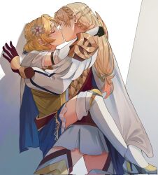 Rule 34 | 2girls, against wall, armor, asterrales, blonde hair, brown gloves, cape, closed eyes, commission, fire emblem, fire emblem heroes, fire emblem warriors, gloves, hair ornament, highres, kiss, leg lock, lianna (fire emblem), lifting another&#039;s clothes, long hair, long sleeves, multiple girls, nintendo, second-party source, sharena (fire emblem), short hair, shoulder armor, skirt, yuri