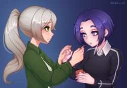 Rule 34 | 2girls, absurdres, artist name, bags under eyes, black sweater, blonde hair, blue background, box, breasts, cigarette, collared shirt, commentary, commission, eye contact, frown, gradient background, green eyes, green jacket, hair ornament, hands up, highres, holding, holding box, holding cigarette, jacket, long sleeves, looking at another, medium breasts, multiple girls, original, pale skin, parted bangs, parted lips, ponytail, purple eyes, purple hair, shellvi, shirt, short hair, sweater, teeth, upper body, upper teeth only, white shirt, wing collar