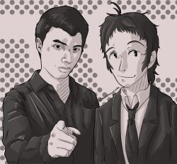 Rule 34 | 2boys, adachi tooru, closed mouth, collared shirt, elliot rodger, greyscale, highres, jacket, male focus, manny mcmannington, monochrome, multiple boys, necktie, persona, persona 4, pointing, pointing at viewer, real life, shirt, short hair, suit jacket