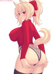 Rule 34 | 1girl, animal ears, ass, black thighhighs, blonde hair, blush, breasts, cat ears, cat girl, cat tail, commentary, english commentary, fishnet leotard, hair ornament, highres, large breasts, leotard, long hair, long sleeves, looking at viewer, looking back, nottytiffy, original, parted lips, patreon username, ponytail, red eyes, red shirt, shirt, simple background, slit pupils, solo, tail, thighhighs, tiffy (nottytiffy), white background