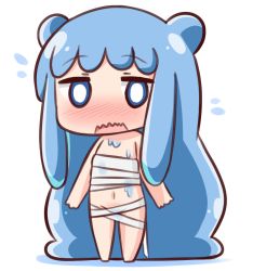 Rule 34 | 1girl, absurdly long hair, bandages, barefoot, blue eyes, blue hair, blush, chibi, commentary request, double bun, flying sweatdrops, full body, hair bun, half slime-chan, hana kazari, long hair, looking at viewer, monster girl, naked bandage, navel, nose blush, open mouth, original, slime girl, solo, standing, very long hair, wavy mouth, white background