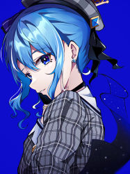 Rule 34 | 1girl, absurdres, beret, black choker, blue background, blue eyes, blue hair, bracelet, choker, commentary request, earrings, hat, highres, hololive, hoshimachi suisei, hoshimachi suisei (1st costume), jacket, jewelry, long sleeves, pension z, plaid, plaid jacket, sidelocks, simple background, solo, star (symbol), star earrings, star in eye, symbol in eye, virtual youtuber