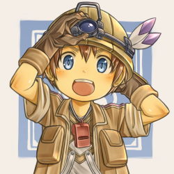 Rule 34 | 1boy, :d, arm behind head, arms up, blue eyes, blush, brown gloves, brown hair, brown jacket, child, commentary request, gloves, happy, hat feather, helmet, highres, jacket, looking at viewer, made in abyss, male focus, natt (made in abyss), open clothes, open jacket, open mouth, rua (pixiv292244), shirt, short hair, short sleeves, smile, solo, teeth, upper body, upper teeth only, whistle, whistle around neck
