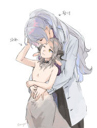 Rule 34 | 2girls, androgynous, animal ears, arms around waist, black collar, centauroid, closed mouth, coat, collar, commentary request, earrings, facing another, fenegar, goat ears, goat girl, goat horns, grey coat, grey fur, grey hair, hand on another&#039;s head, hand up, highres, horizontal pupils, horns, jewelry, long hair, long sleeves, looking at another, low horns, medium hair, monster girl, multiple girls, one eye closed, original, ponytail, purple hair, short eyebrows, simple background, sitting, standing, taur, upper body, white background, yellow eyes