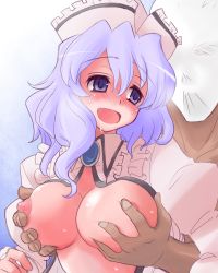 Rule 34 | 1girl, bad id, bad pixiv id, blue eyes, blush, grabbing another&#039;s breast, breasts, faceless, faceless male, fujii, fujii jun, grabbing, groping, happy sex, hat, hetero, large breasts, light purple hair, looking back, lowres, merlin prismriver, open mouth, saliva, smile, solo focus, sweat, touhou