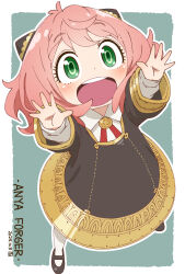 Rule 34 | 1girl, anya (spy x family), arms up, black dress, black footwear, blush, border, character name, child, collared shirt, dated, dress, eden academy school uniform, green background, green eyes, hairpods, highres, leggings, long sleeves, mary janes, medium dress, neck ribbon, open mouth, outline, outstretched arms, pink hair, red ribbon, ribbon, samansa ex, school uniform, shirt, shoes, short hair, smile, spy x family, white border, white leggings, white outline, white shirt