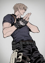 Rule 34 | 1boy, belt, black gloves, black shirt, blonde hair, commentary request, fingerless gloves, from below, from side, gloves, grey background, hair between eyes, highres, holster, korean commentary, leon s. kennedy, looking ahead, male focus, muscular, muscular male, pants, resident evil, resident evil 4, resident evil 4 (remake), ryeon (gs oik), shirt, short hair, solo, standing, thigh strap, upper body