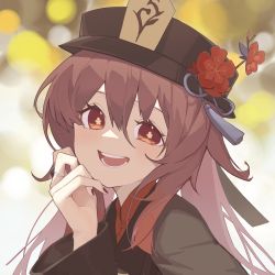 Rule 34 | 1girl, blush, brown hair, chinese clothes, flower, genshin impact, hand on own face, hat, hat flower, highres, hu tao (genshin impact), jewelry, long sleeves, looking at viewer, open mouth, portrait, red eyes, ring, smile, solo, symbol-shaped pupils, top hat, vicious kage, wide sleeves