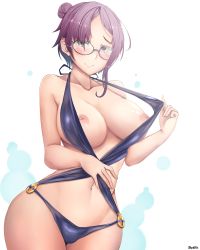 Rule 34 | 1girl, absurdres, artist name, bare arms, bare shoulders, black-framed eyewear, black one-piece swimsuit, blush, breasts, closed mouth, clothes pull, collarbone, cowboy shot, curvy, eioh (grand sphere), glasses, grand sphere, green eyes, groin, hair bun, hair over one eye, hand on own stomach, hand up, heterochromia, highres, inverted nipples, jay87k, large breasts, legs together, looking at viewer, navel, nipples, o-ring, o-ring swimsuit, one-piece swimsuit, one-piece swimsuit pull, pink lips, puffy nipples, pulling own clothes, purple eyes, purple hair, round eyewear, shiny skin, short hair, side bun, single side bun, smile, solo, standing, stomach, swimsuit, thick thighs, thighhighs, thighs, wide hips