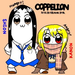 Rule 34 | 10s, 2girls, :3, artist request, bkub (style), black hair, blonde hair, blue neckwear, blue skirt, boots, brown eyes, character name, coat, commentary request, coppelion, copyright name, long hair, looking at viewer, multiple girls, necktie, ozu kanon, ozu shion, parody, pipimi, plaid, plaid scarf, poptepipic, popuko, scarf, scarf over mouth, siblings, simple background, sisters, skirt, style parody