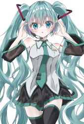 Rule 34 | 1girl, absurdres, aqua eyes, aqua hair, aqua necktie, black skirt, black thighhighs, collared shirt, commentary, cowboy shot, detached sleeves, full body, grey shirt, hatsune miku, headset, highres, kayon (touzoku), long hair, necktie, open mouth, shirt, simple background, skirt, solo, thighhighs, twintails, very long hair, vocaloid, white background