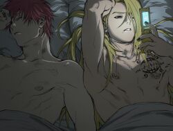 2boys bare_pectorals black_nails blanket blonde_hair cellphone chest_tattoo closed_mouth deidara_(naruto) flip_phone hickey highres holding holding_phone implied_yaoi long_hair multiple_boys nail_polish naruto_(series) naruto_shippuuden on_bed one_eye_closed parted_lips pectorals phone pillow red_hair saliva sasori_(naruto) short_hair sleeping sleepy stitches tattoo umkaqryi yaoi