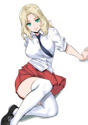 Rule 34 | 1girl, absurdres, arm support, black necktie, blonde hair, blouse, blue eyes, blue footwear, collared shirt, commentary, cross-laced footwear, girls und panzer, hair intakes, highres, kay (girls und panzer), kuppipi ramutarou, leaning back, legs, long hair, long sleeves, looking at viewer, loose necktie, miniskirt, necktie, no jacket, pleated skirt, red skirt, saunders school uniform, school uniform, shadow, shirt, shoes, sitting, skirt, sleeves rolled up, sneakers, solo, thighhighs, white shirt, white thighhighs, wing collar, yokozuwari