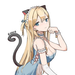 Rule 34 | 1girl, alternate costume, animal ears, arm up, blonde hair, blue dress, blue eyes, blue ribbon, breasts, cat ears, cat tail, cleavage, closed mouth, dress, fake animal ears, girls&#039; frontline, hair ribbon, highres, long hair, looking at viewer, medium breasts, paw pose, ribbon, sakatakin, side ponytail, sideboob, solo, suomi (girls&#039; frontline), tail, upper body, white background