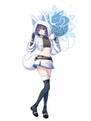 Rule 34 | 1girl, animal, animal ears, animal on shoulder, belt, black gloves, black shirt, black thighhighs, boots, closed mouth, closers, crop top, cropped jacket, eunha (closers), fake animal ears, fox, fox ears, fox tail, full body, fur trim, gloves, green eyes, hands up, highres, hood, hooded jacket, jacket, looking at viewer, medium hair, midriff, miniskirt, navel, official art, purple hair, ribbed shirt, shirt, skirt, smile, solo, standing, stomach, tail, thigh boots, thighhighs, thighs, turtleneck, white jacket, white skirt, zettai ryouiki