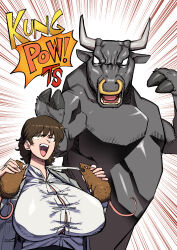 1boy 1girl breasts brown_hair bull chinese_clothes fighting_stance genderswap genderswap_(mtf) highres hotsaurus huge_breasts kung_pow medium_hair mouse_(animal) shirt the_chosen_one_(kung_pow) white_shirt