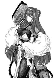 Rule 34 | 1girl, breasts, daiyan (neural cloud), feather boa, furauji, girls&#039; frontline neural cloud, greyscale, grin, guzheng, hairband, highres, large breasts, long hair, monochrome, simple background, smile, solo, very long hair, white background
