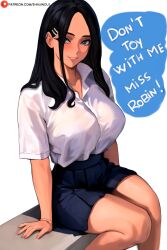 Rule 34 | 1girl, absurdres, black hair, black skirt, blue eyes, breasts, commentary, cosplay, english commentary, english text, eyelashes, feet out of frame, hair ornament, hairclip, highres, ijiranaide nagatoro-san, lady shin, large breasts, long hair, looking to the side, nagatoro hayase, nagatoro hayase (cosplay), nico robin, one piece, patreon logo, shirt, short sleeves, simple background, sitting, skirt, smile, speech bubble, transparent background, watermark, web address, white shirt