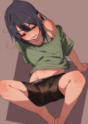 Rule 34 | 1girl, barefoot, black shorts, blue hair, blush, bra, breasts, brown eyes, collarbone, feet, feet out of frame, feet together, from above, fu-ta, green shirt, groin, heavy breathing, legs, long hair, lower teeth only, midriff, navel, no shoes, no socks, off shoulder, open mouth, panties, panty peek, shirt, shorts, sitting, solo, spread legs, steam, teeth, thighs, underwear, white bra, white panties