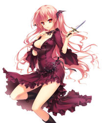 Rule 34 | 1girl, bad id, bad pixiv id, boots, breasts, choker, cleavage, dagger, dress, fang, flower, frilled dress, frills, gin no cross to draculea, hair ornament, knee boots, knife, long hair, pink hair, red dress, red eyes, ribbon choker, rose, rushella dam draculea, simple background, smile, solo, two side up, very long hair, weapon, white background, yasaka minato