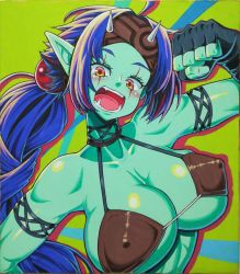 Rule 34 | 1girl, ahoge, armband, bare shoulders, black gloves, blue hair, blush, bra, breasts, brown bra, brown headband, cleavage, clenched hand, collarbone, colored skin, doula (sennen sensou aigis), fangs, female orc, fingerless gloves, gloves, green background, green skin, hair ornament, hand up, headband, horns, large breasts, long hair, looking at viewer, muscular, muscular female, open mouth, orange eyes, orc, parted bangs, pointy ears, sennen sensou aigis, smile, solo, soune1000, traditional media, underwear