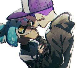 Rule 34 | ... (331608), 1boy, 1girl, blue hair, covered mouth, crying, fangs, glasses, grey hoodie, grey shirt, hand on another&#039;s face, hand on another&#039;s head, hand on another&#039;s mouth, hat, hood, hoodie, inkling, inkling boy, inkling player character, looking at another, nintendo, no eyebrows, open mouth, pointing, purple hair, purple headwear, red eyes, shirt, short hair, simple background, smile, splatoon (series), splatoon 2, sweat, sweatdrop, yellow eyes