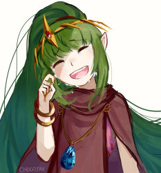 Rule 34 | 1girl, artist name, bracelet, chocojax, closed eyes, crying, fire emblem, fire emblem: mystery of the emblem, fire emblem heroes, green hair, hair ribbon, jewelry, long hair, nintendo, open mouth, pointy ears, ponytail, ribbon, simple background, solo, stone, tiara, tiki (fire emblem), tiki (young) (fire emblem), white background