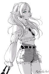 Rule 34 | 1girl, alternate costume, artist name, bag, bare shoulders, belt, blue eyes, collarbone, commentary, cutoff jeans, cutoffs, elf, english commentary, frieren, greyscale, highres, holding, holding bag, long hair, looking at viewer, midriff, monochrome, pointy ears, puffy sleeves, robusta mania, shorts, simple background, solo, sousou no frieren, sunglasses, twintails, white background