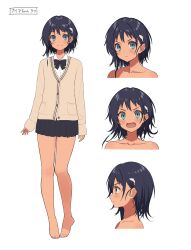 Rule 34 | 1girl, absurdres, bare legs, barefoot, black bow, black bowtie, black hair, black skirt, blue eyes, bow, bowtie, cardigan, character name, character profile, collarbone, expressions, female focus, fish hair ornament, full body, hair ornament, highres, kurebayashi noe, open mouth, original, pleated skirt, profile, simple background, skirt, smile, solo, tan, white background