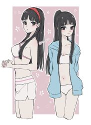 Rule 34 | 1girl, amagi yukiko, arms behind back, bare shoulders, bikini, bikini skirt, black eyes, black hair, blue hoodie, blunt bangs, breasts, chako (p4amg1208), closed mouth, collarbone, commentary request, cowboy shot, cropped legs, flower, from side, hairband, high ponytail, highres, hood, hood down, hoodie, long hair, looking at viewer, looking to the side, medium breasts, multiple views, navel, open clothes, open hoodie, outside border, own hands together, parted lips, persona, persona 4, red hairband, sidelocks, smile, stomach, straight hair, swimsuit, twitter username, white bikini