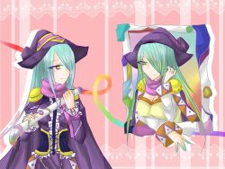 Rule 34 | 2girls, aqua hair, artist request, breasts, cape, clone, drawcia, dress, gradient hair, green hair, hair over one eye, hat, kirby (series), kirby canvas curse, light smile, long hair, multicolored hair, multiple girls, paintbrush, personification, purple hair, smile, witch, witch hat, yellow eyes